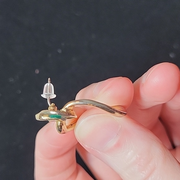 Gold Tone and Green Enamel Pierced Earrings - Picture 2 of 3